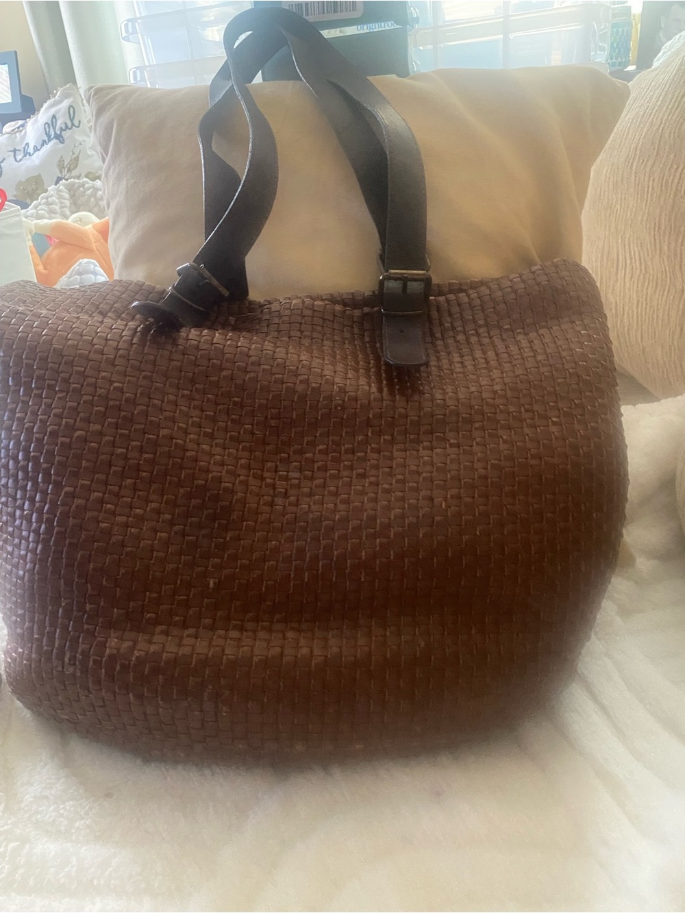 Maurizio Taiuti Tan Woven Tote with Brown Leather Trim Large